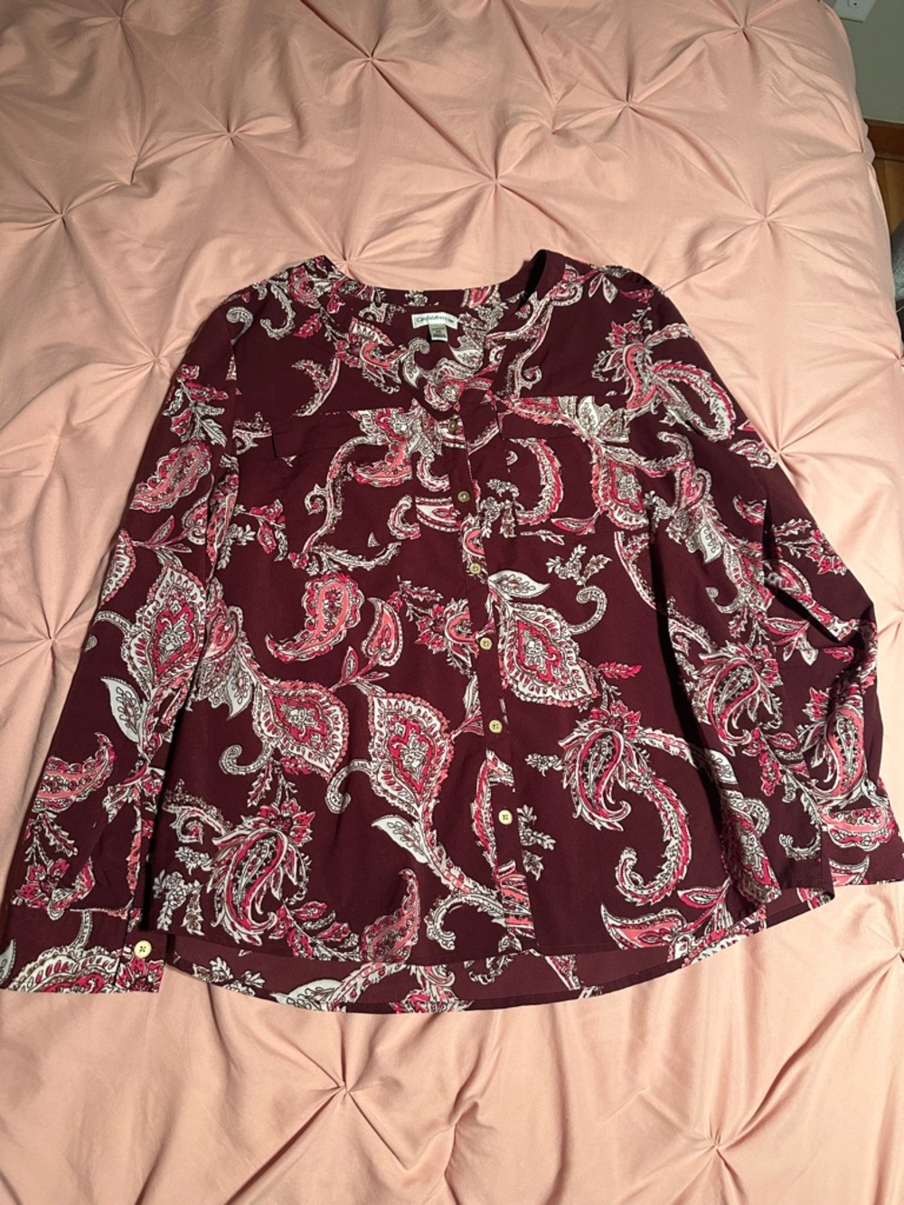 croft & barrow Burgundy Paisley Button-Front Blouse with Pink Accents